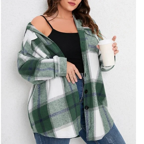 Plus Plaid Print Button Down jacket Shacket - Picture 3 of 10